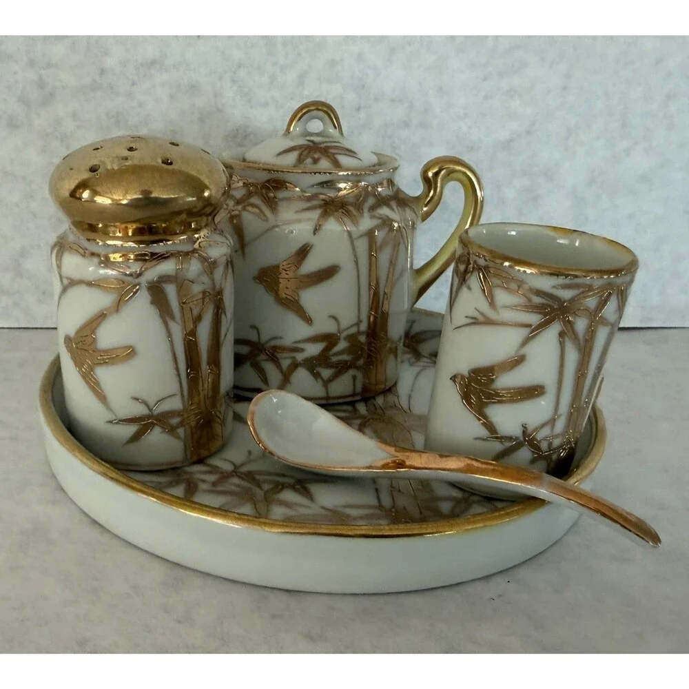 Gold Porcelain Condiment Set, Made in Japan, Mini or Demitasse Size
